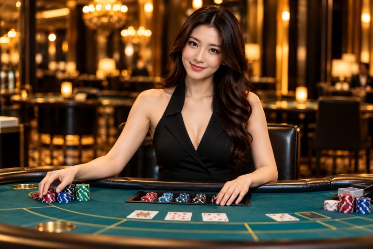 Dealer kasino langsung tersenyum di meja kad