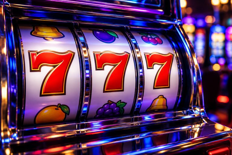 Gulungan mesin slot menunjukkan tiga angka tujuh merah