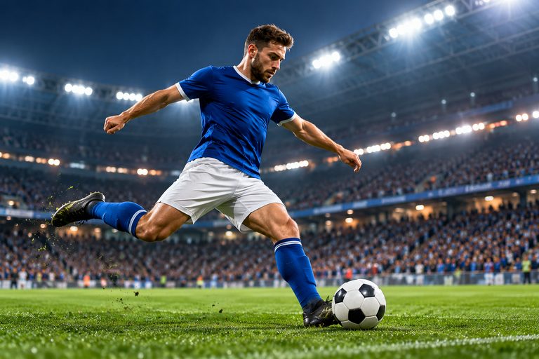 Pemain bola sepak menendang bola di stadium yang terang benderang